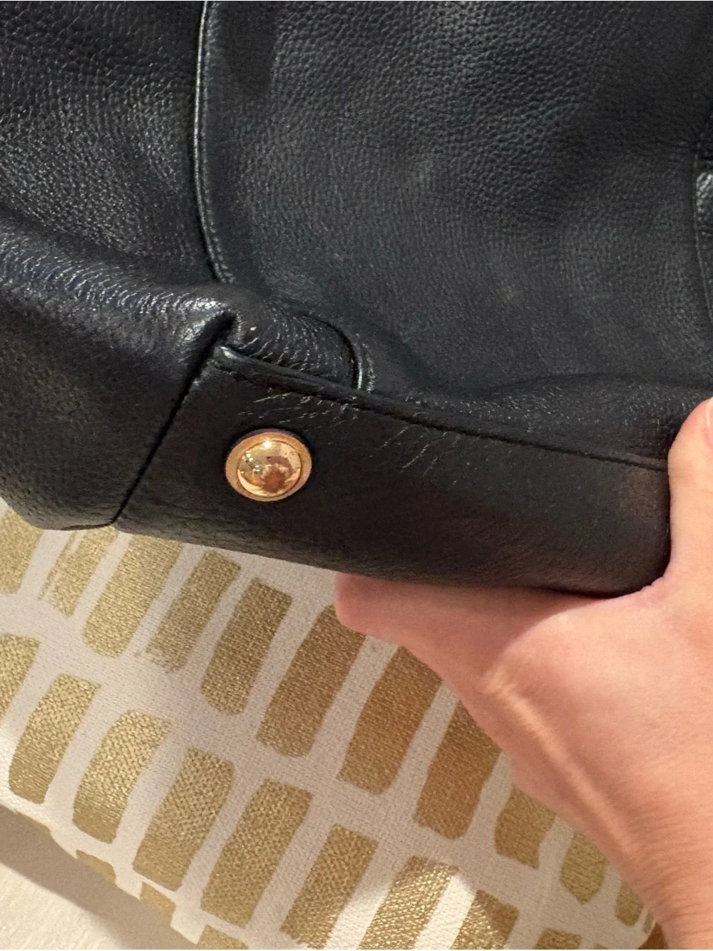 Michael Kors Black Leather Tote with Tan Straps and Gold MK Charm